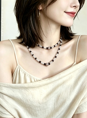 原创微醺石榴石巴洛克珍珠项链女复古琉璃串珠锁骨链小众choker