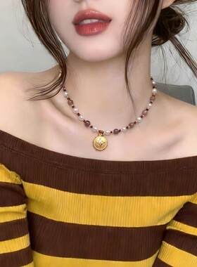 天然淡水珍珠项链搭配天然石太阳石石榴石轻奢小众设计感锁骨链