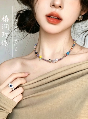 多巴胺彩色串珠项链女小众设计天然巴洛克珍珠锁骨链高级感颈链