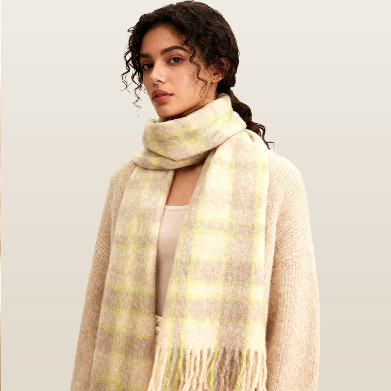 JESSIEJANE羊毛混纺格纹流苏围巾女冬季2025新款韩版时