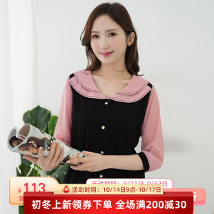 艾依琪格加大码女装秋上衣胖mm气质娃娃领显瘦假两件胖妹妹七分袖