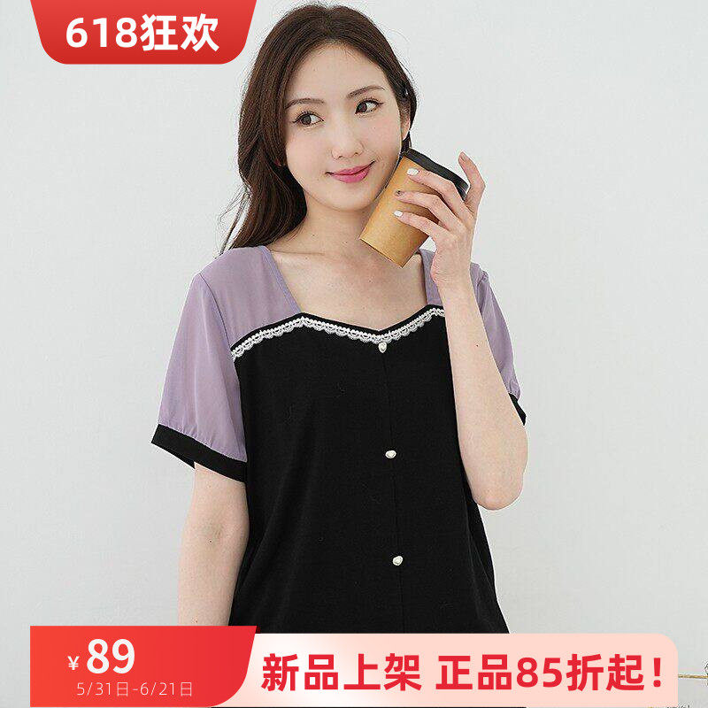 艾依琪格特大码胖mm新款上衣法式方领拼接蕾丝套头短袖胖妹妹夏装