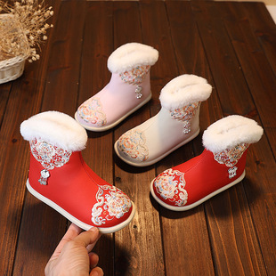 女童绣花棉鞋新款汉服冬季新中式马面古风加绒皮面吉祥如意雪地靴