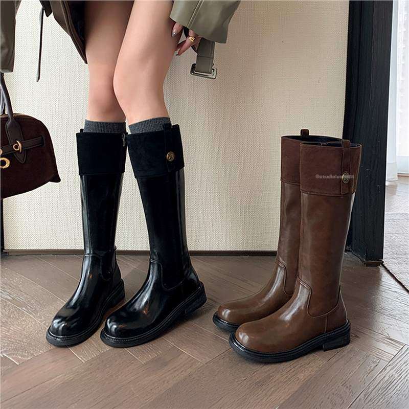 香港美拉德复古拼接长筒靴女2025秋冬新款平底不过膝靴时尚骑士靴,女鞋,深口单鞋,淘宝优惠券,粉丝福利购,淘宝优惠卷