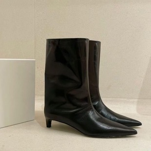 羊皮版~洋气真皮尖头高跟中筒靴女法式宽筒小踝靴骑士短靴马丁靴