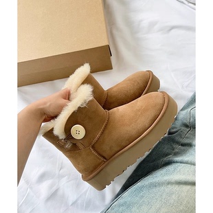 【厚底】2025冬季新款短筒木扣高筒雪地靴女皮毛一体河南桑坡村