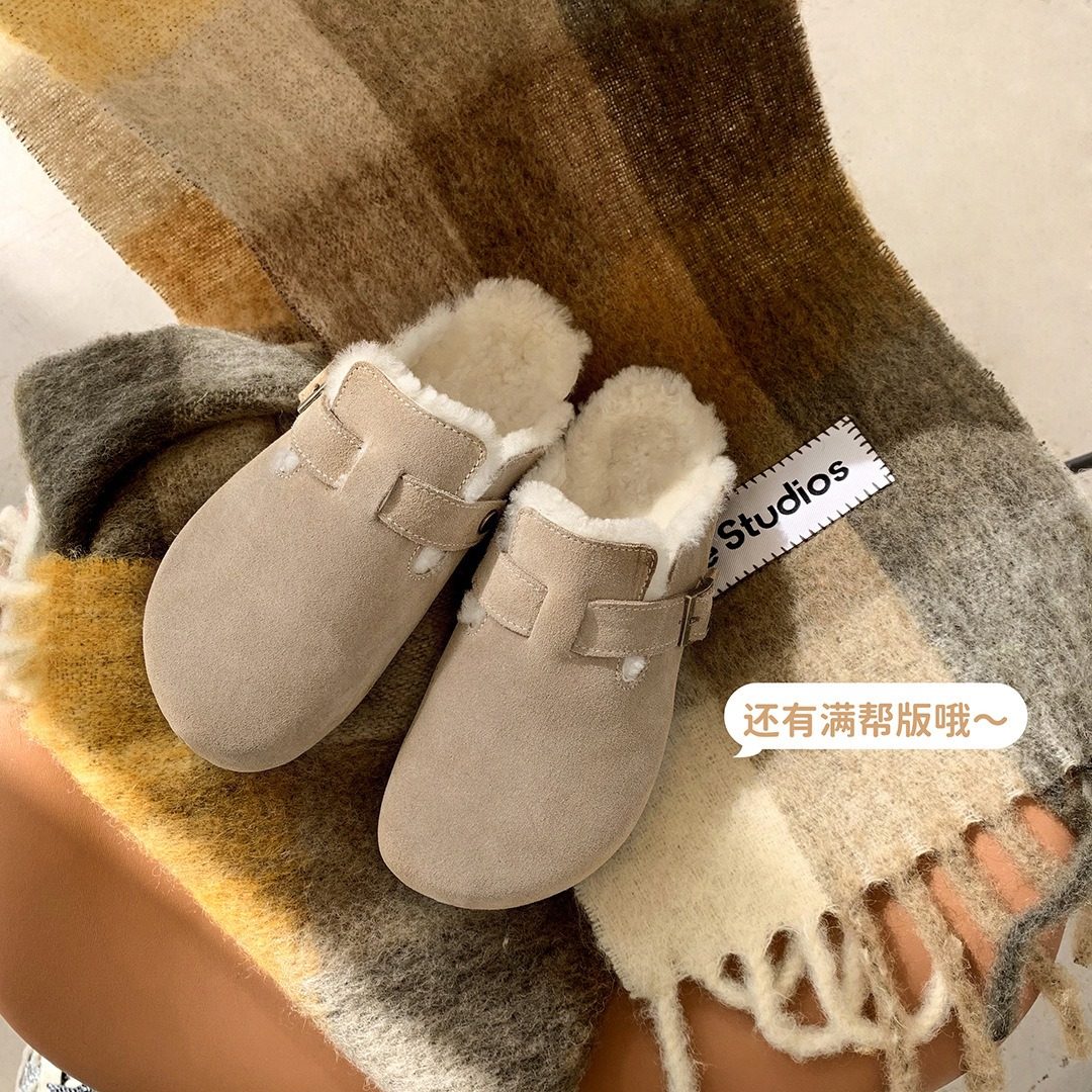 【葡萄妈同款】真皮版本~复古真皮内增高毛毛勃肯单鞋女包头半拖,女鞋,棉鞋,淘宝优惠券,粉丝福利购,淘宝优惠卷