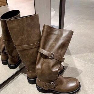 【sheii苏茵茵】沙丘美学~擦色复古双扣中高筒西部长靴女骑士靴冬