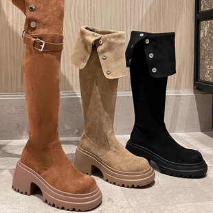 2026新款复古小个子西部靴女秋冬加绒过膝长靴棕色长筒靴骑士靴子