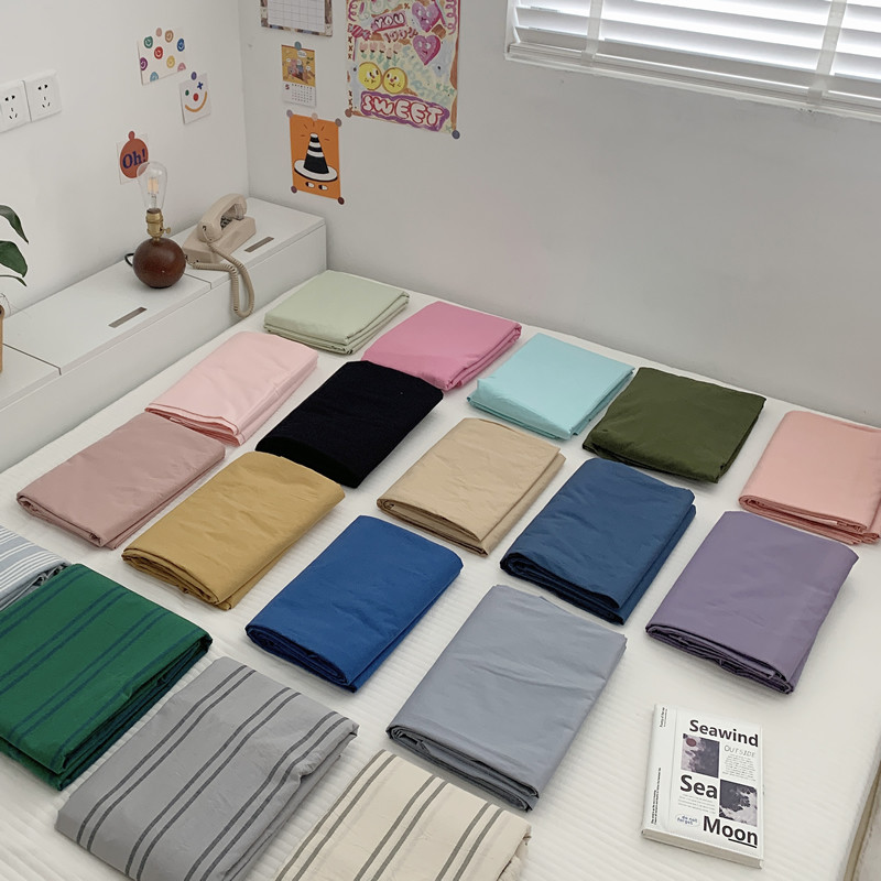 多巴胺色纯色条纹裸睡纯棉透气吸汗床单全棉水洗棉床笠