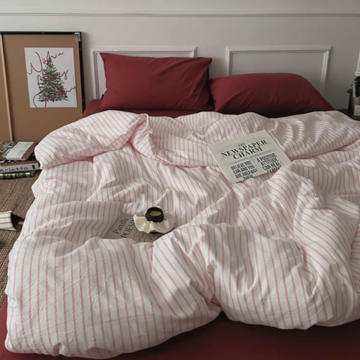 加州树莓红色条纹床单水洗棉纯棉四件套全棉被套床单1.8m被罩床品