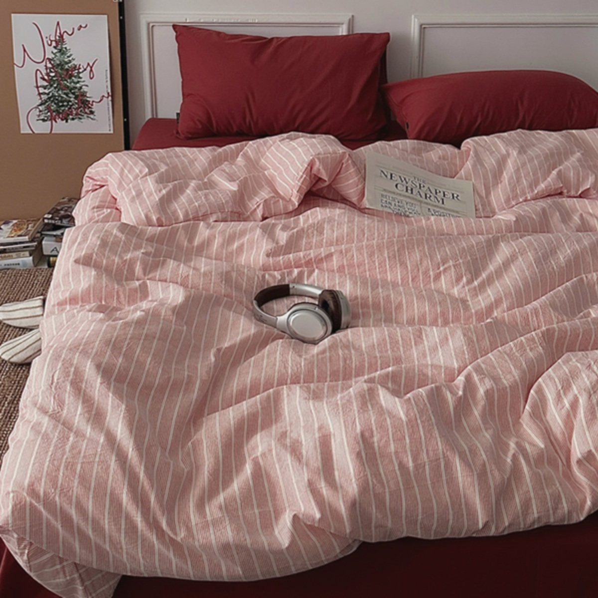 山楂树红色条纹床单水洗棉纯棉四件套全棉被套床单1.8m被罩床品