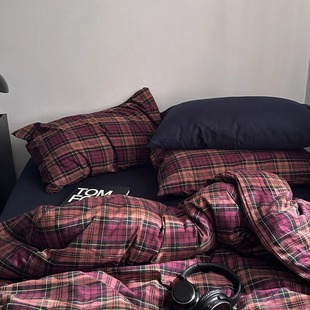 理想学院 美式中古风格子100纯棉四件套全棉被套床单水洗棉床品