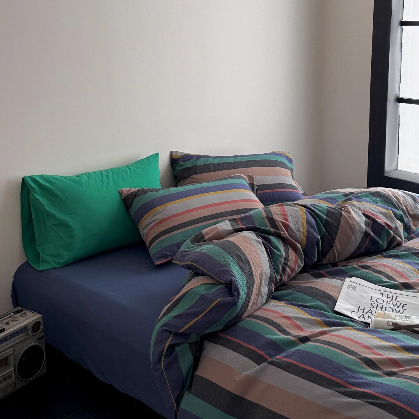 美式中古风条纹水洗棉纯棉四件套全棉被套床单被罩1.8m床单床笠款