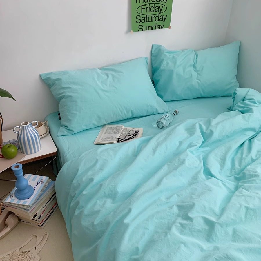 提夫尼蓝色混搭字母纯色水洗棉纯棉四件套全棉被套床单1.8m被罩
