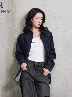 2025新品原创设计复古丹宁落肩小翻领衬衫-休闲中长牛仔衬衫外套