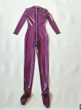 Latex catsuit 纯天然乳胶男女款透明紫色连体衣紧身高弹光滑定做