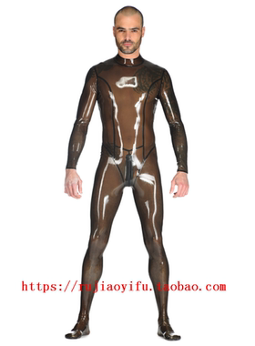 Latex catsuit 纯天然乳胶连体紧身衣高弹男式透明黑色定做0.3mm