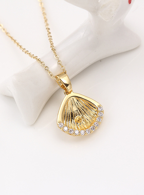 国产14k包金保色 贝壳微镶锆石珍珠吊坠DIY配饰配件 吊饰气质女