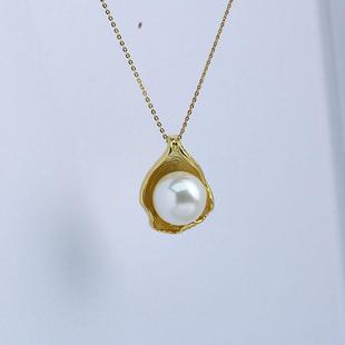 DIY珍珠配件新款铜镀金纹理干蚌壳吊坠空托精致独特小众设计感