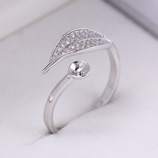 国产14k包金 锆石叶子珍珠戒指托冷淡风个性 DIY戒指配饰配件女