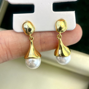 DIY珍珠配件 铜镀18K金时尚光面珍珠S925银针耳饰空托优雅耳坠女