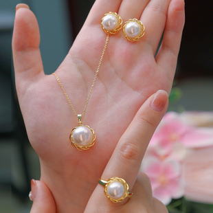 S925银针圆形镂空珍珠耳环戒指吊坠配件 14K包金空托DIY饰品简约