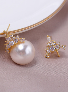 国产铜14K包金 冰雪女王珍珠耳钉吊坠套装 DIY配件S925银针饰品女