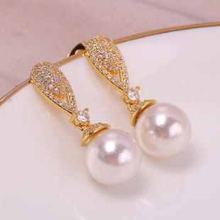 DIY配件 铜镀金18K金水滴形锆石珍珠耳钉空托 S925银针耳饰 大气