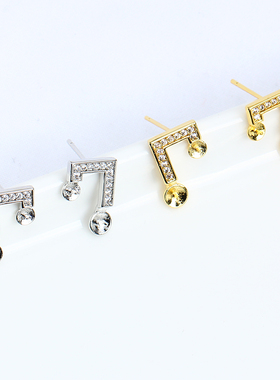 S925银针 国产14k包金注金微镶锆音符 珍珠锆石空托耳钉耳饰DIY女