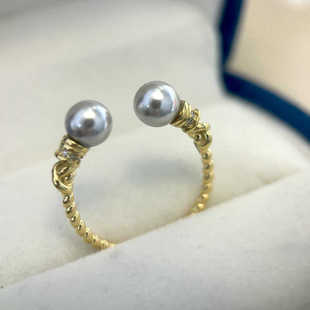 DIY珍珠配件 S925纯银锆石麻花双珠戒指空托配饰 简约气质款饰品