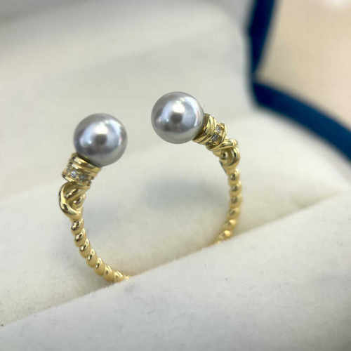 DIY珍珠配件 S925纯银锆石麻花双珠戒指空托配饰 简约气质款饰品