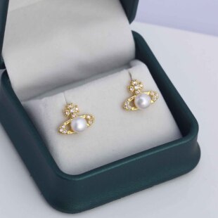 DIY珍珠配件新款铜镀金镶锆精美西太后小行星个性耳饰空托