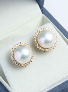 DIY珍珠配件新款铜镀金镶锆太阳花轻奢耳饰耳钉空托精美百搭