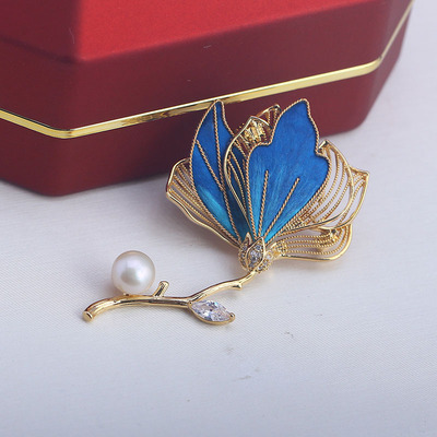 铜镀金绒花玉兰花胸针空托