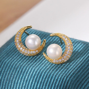 铜镀18K金 月亮锆石珍珠耳钉S925银针空托耳饰 DIY配件简约小巧女