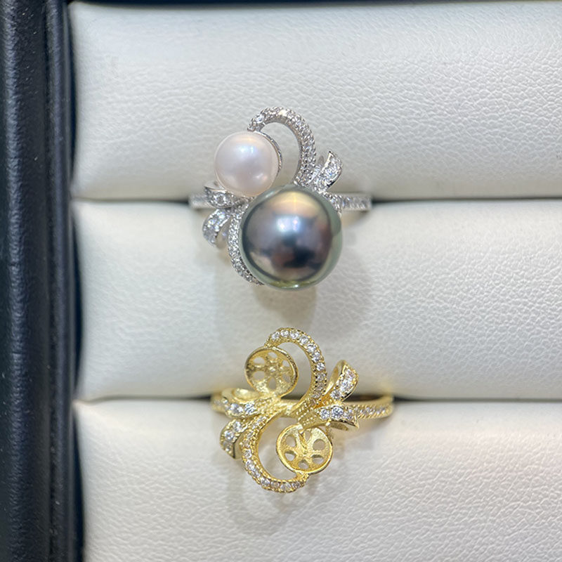 S925纯银精致锆石蝴蝶结双珠戒指