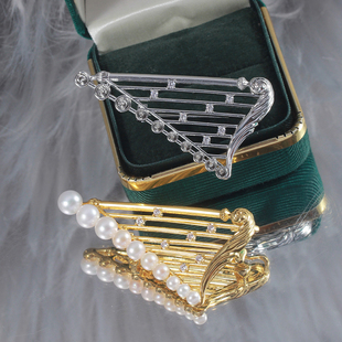 DIY珍珠配件 古典竖琴多珠胸针胸花铜镀金镶锆石别针 气质优雅女