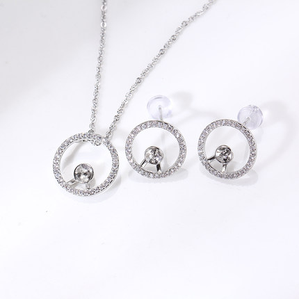 国产14k包金电镀保色圆形简约珍珠吊坠S925银针耳钉两件套锆石女