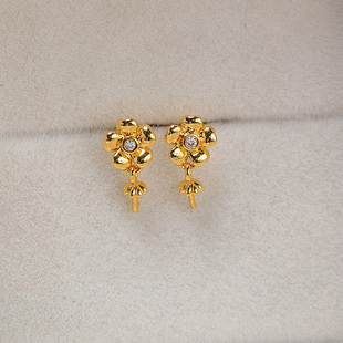 国产铜14K包金 花朵素面珍珠耳钉S925银针耳饰 珍珠空托DIY配件