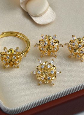 DIY珍珠配件新款铜镀金雪花轻奢镶锆精美吊坠耳饰戒指套装空托
