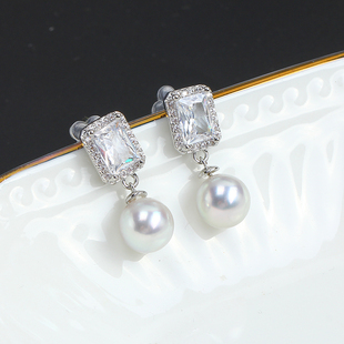 14K注金保色DIY配饰方形冰糖锆石珍珠配件空托耳钉耳饰简约饰品女