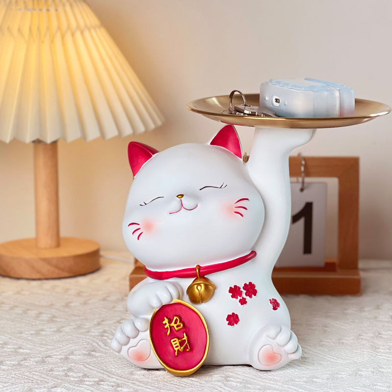 招财猫装放糖果盘子酒店铺前台接待零食水果盘盒轻奢摆件开业送礼