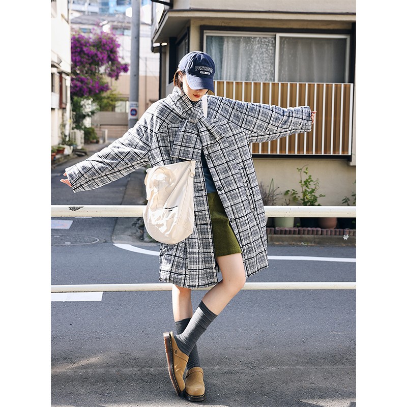 超轻黑白格小香风蓬松感长款棉服