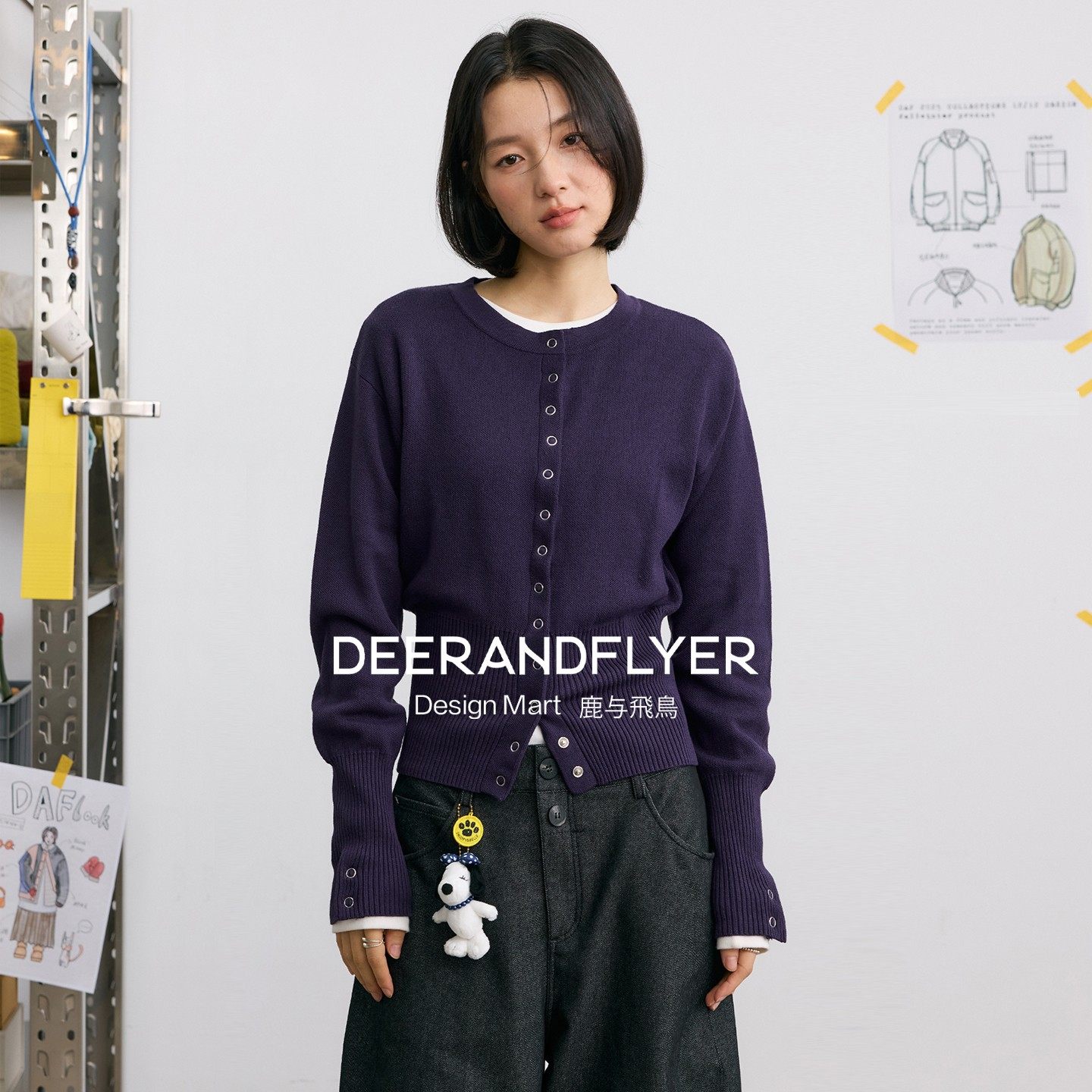 鹿与飞鸟&ldquo;西梅司康&rdquo;蓬松混棉单排扣罗纹收腰三色圆领针织衫7259