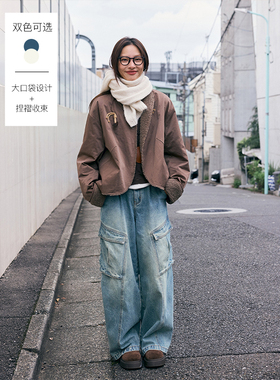 鹿与飞鸟斜角大口袋|双色复古百搭纯棉工装牛仔裤6199廾