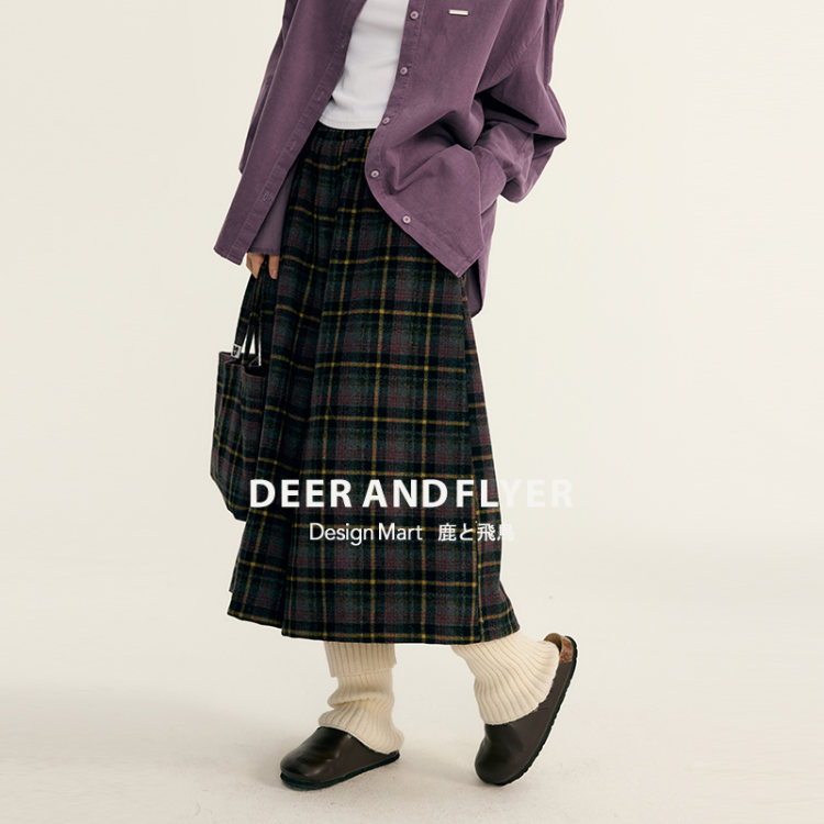 日系氛围感大A型毛呢格纹裙裤