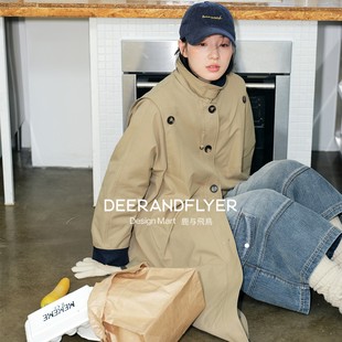 风衣外套7040 设计感撞色拼接建筑廓形中长款 鹿与飞鸟 焦糖蓝莓