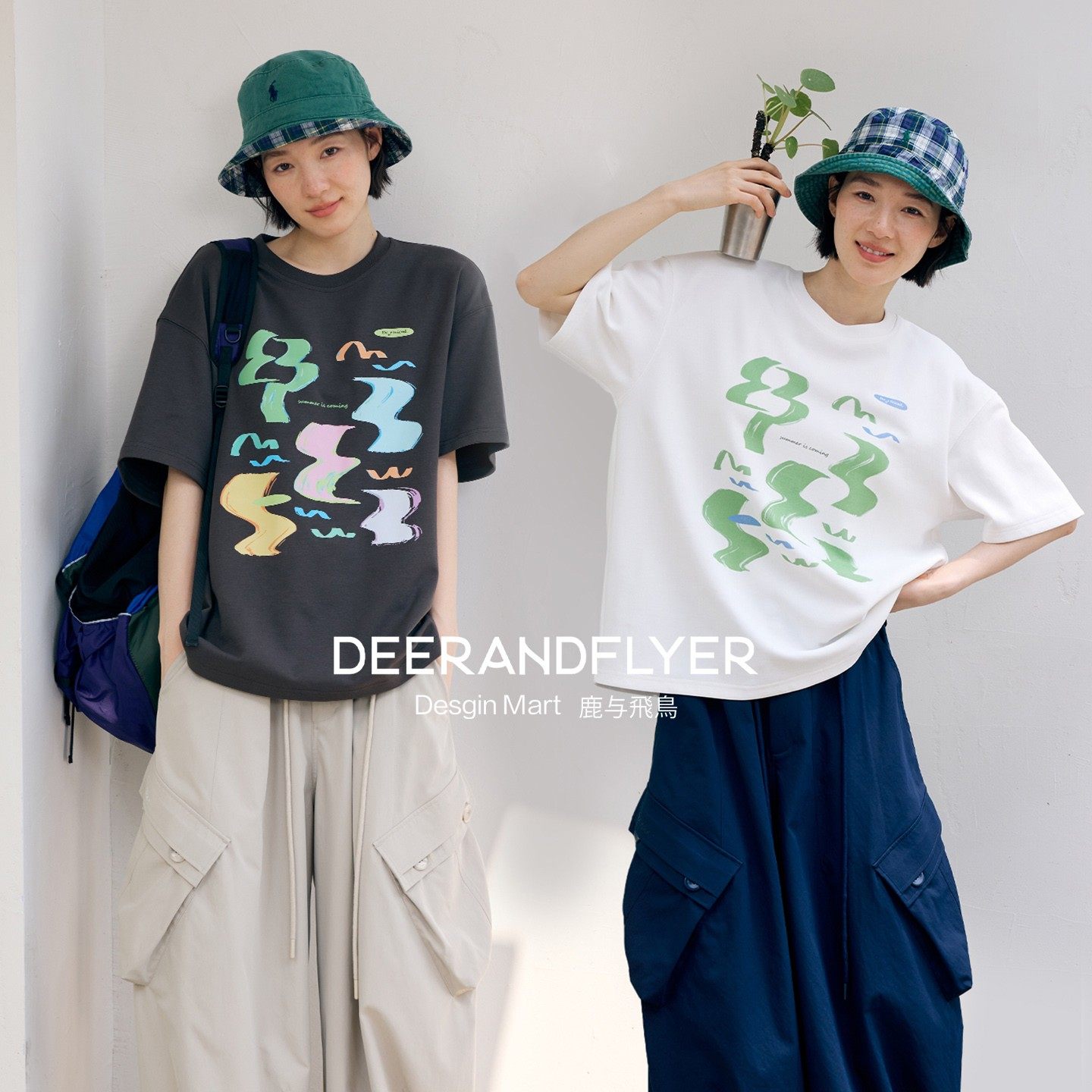 鹿与飞鸟“水彩画笔”亲肤棉涤混纺彩色线条印花两色圆领T恤6751,女装/女士精品,T恤,淘宝优惠券,粉丝福利购,淘宝优惠卷