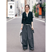 鹿与飞鸟自带腰带 双色可调节捏褶萝卜直筒毛呢裤 6275